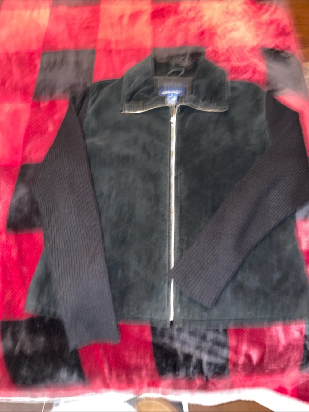 Black Mixed-Material Zip-Front Women's Jacket